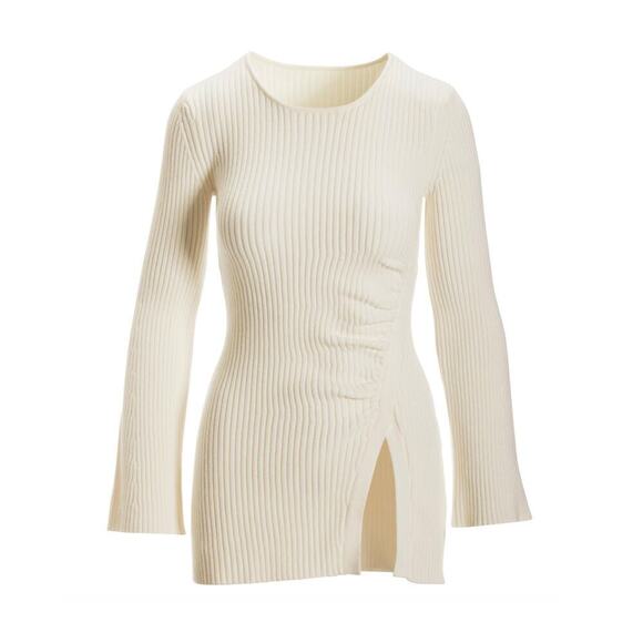 Boston Proper M Side Slit Ruched Sweater | Tunic Flare Ribbed, Off-White $200 - Picture 2 of 9